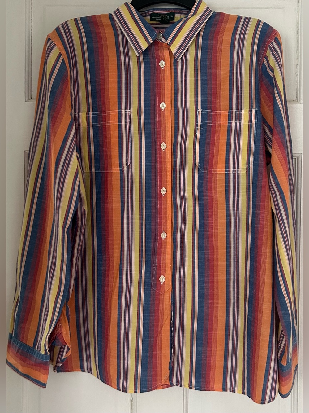 LRL Ralph Lauren 100% Cotton Jeans Multicolor Striped Button Up Blouse XL